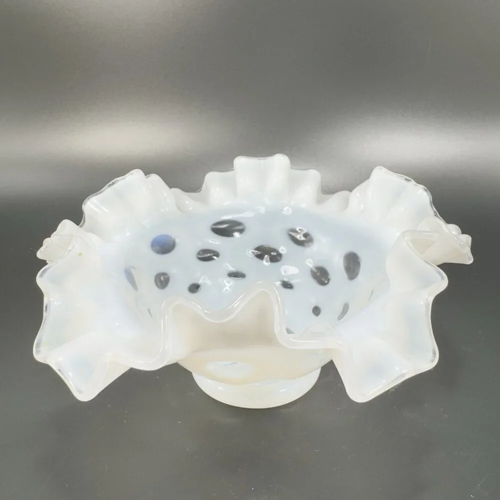 Fenton White Opalescent‎ Clear Coin Dot Ruffled Edge Glass Bowl Dish Vintage